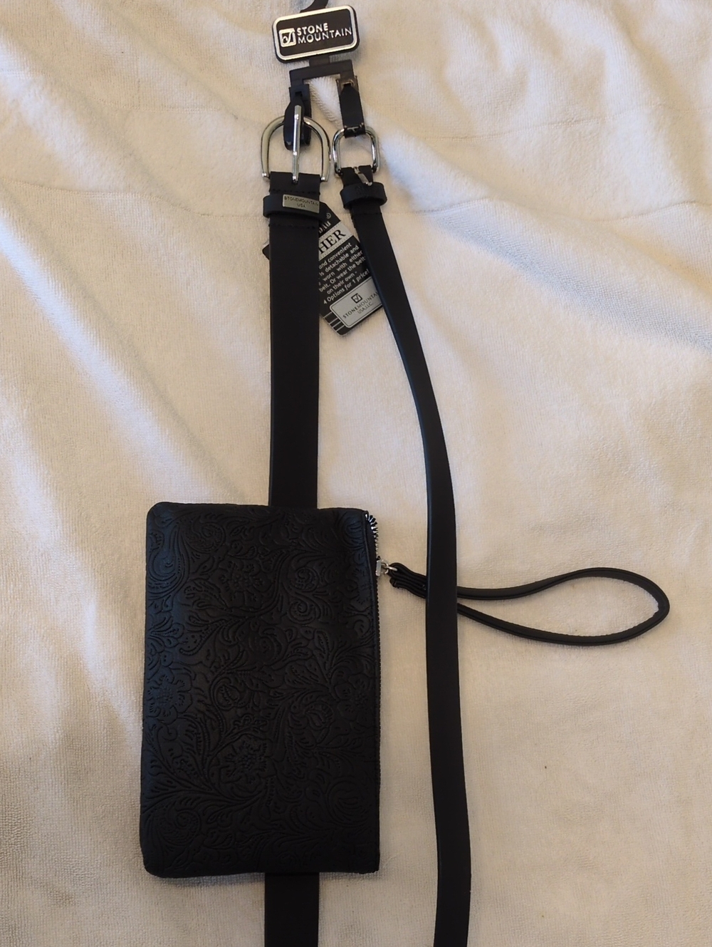 Stone Mountain Accessories.  2 Black Embossed Belts With Detachable Bag